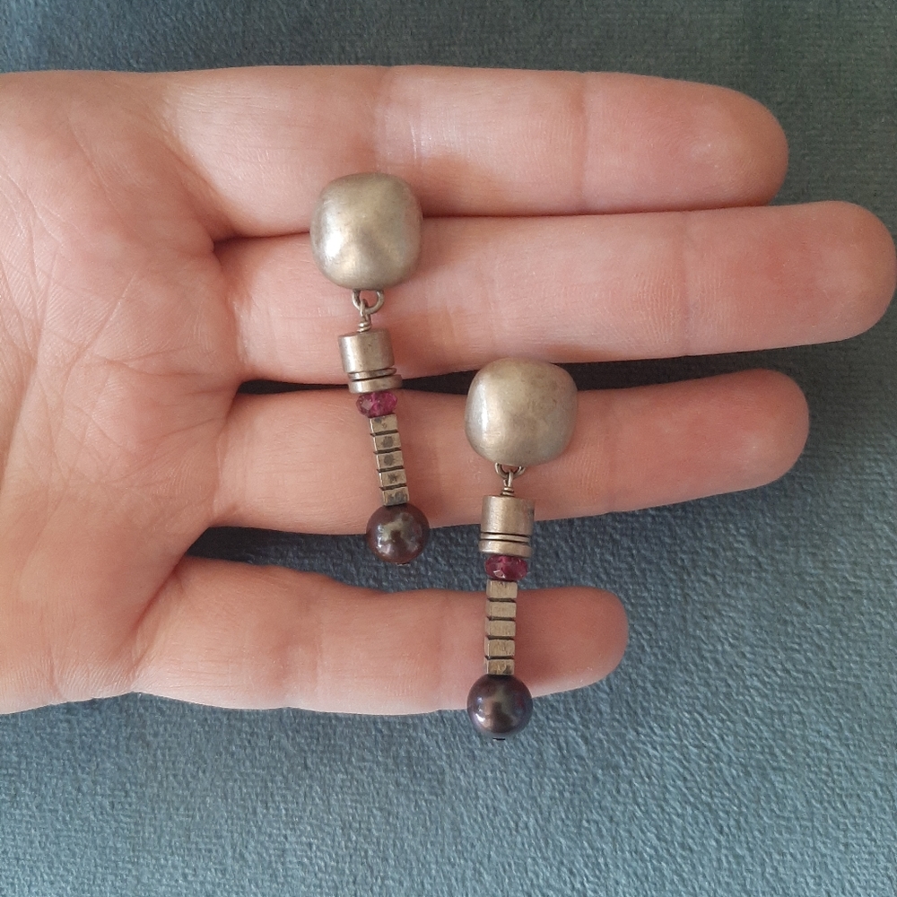Genuine .950 Silver Earrings with Purple Pearls and Pink Gemstone